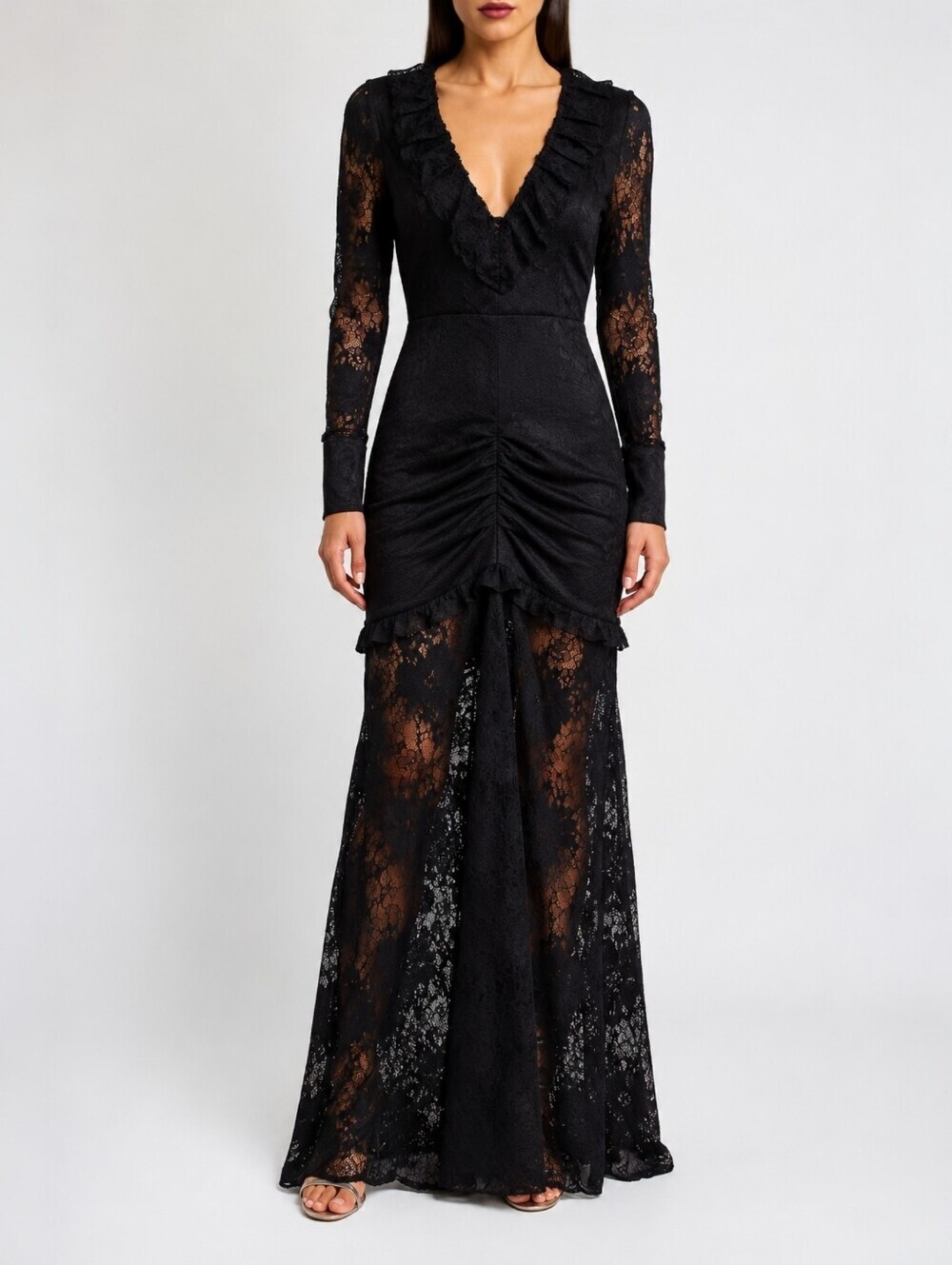 Alexis Lucasta Lace Gown Black Sheer Ruffle Gothic Dark Romantic Maxi Dress S